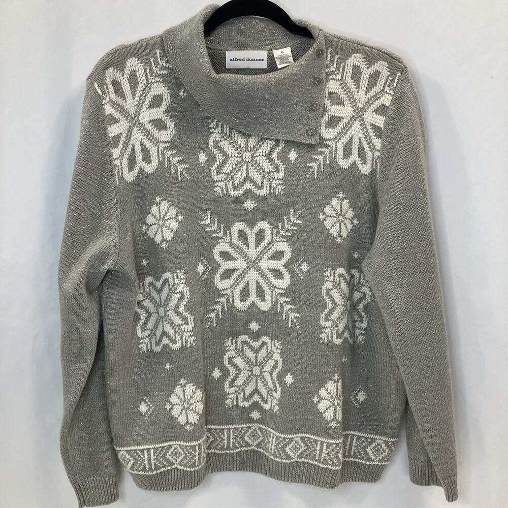 Alfred Dunner Gray/Metallic Sweater With Snowflakes Size XL Vintage